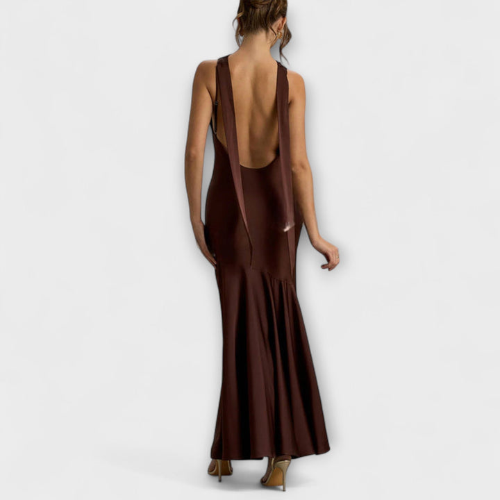 Lennon - Elegante vestido maxilargo de satén en verde oliva