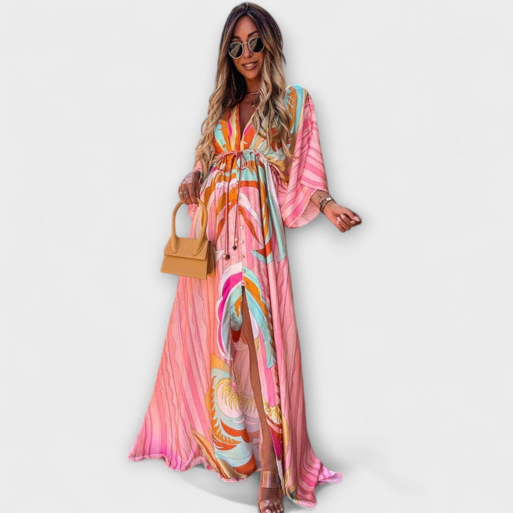 Isla - Vestido maxi colorido con escote en V