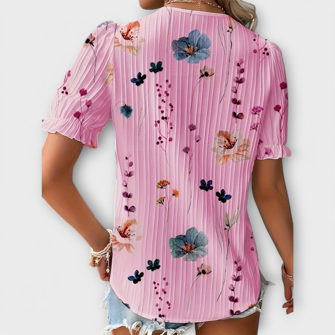 Emily - Blusa rosa con estampado floral y encaje