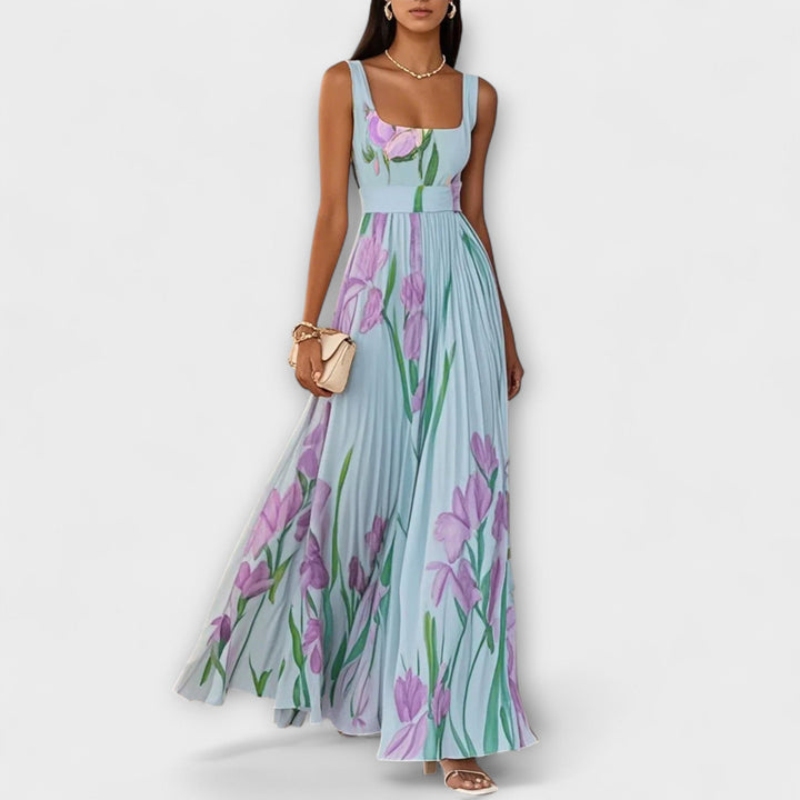 Vestido Maxí de Chifón Floral Plisado en Crema