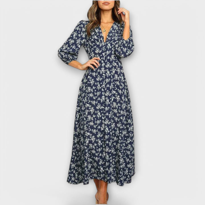 Vestido maxi azul y blanco con estampado de flores