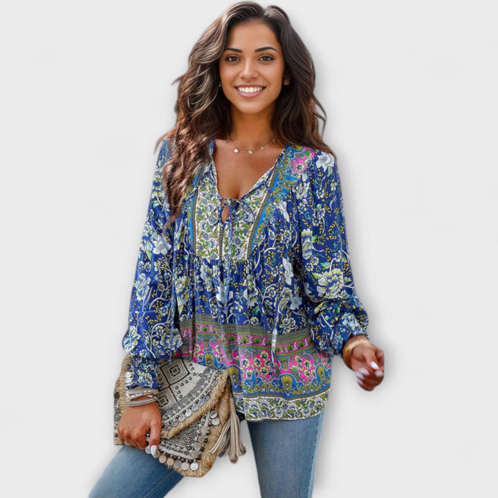 Melodie - Top bohemio con escote en V y lazo frontal