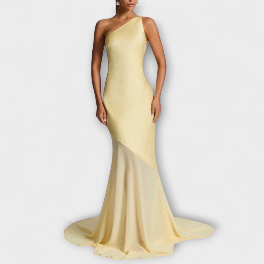 Avalon - Vestido maxi color crema de un solo hombro