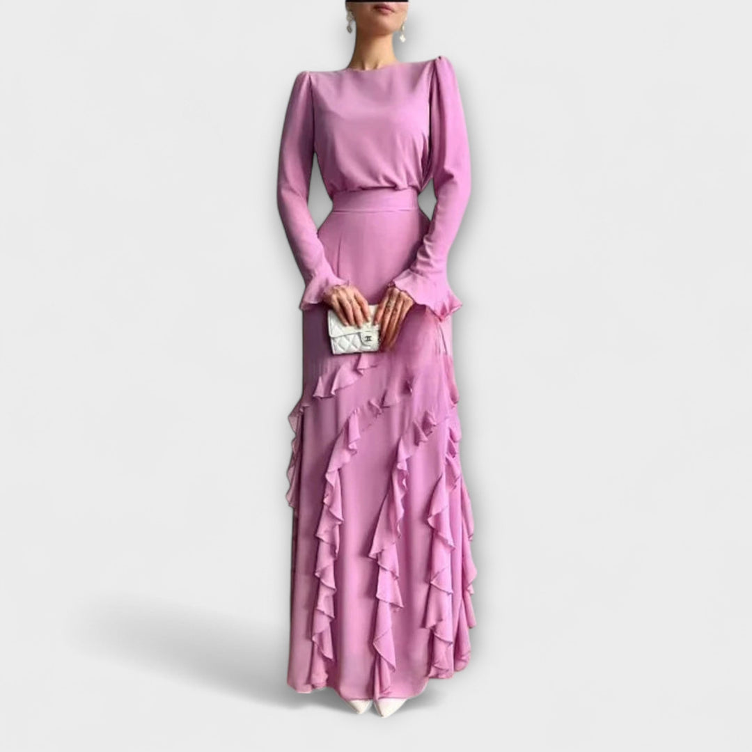 Fallon - Vestido largo negro con volantes en 3D
