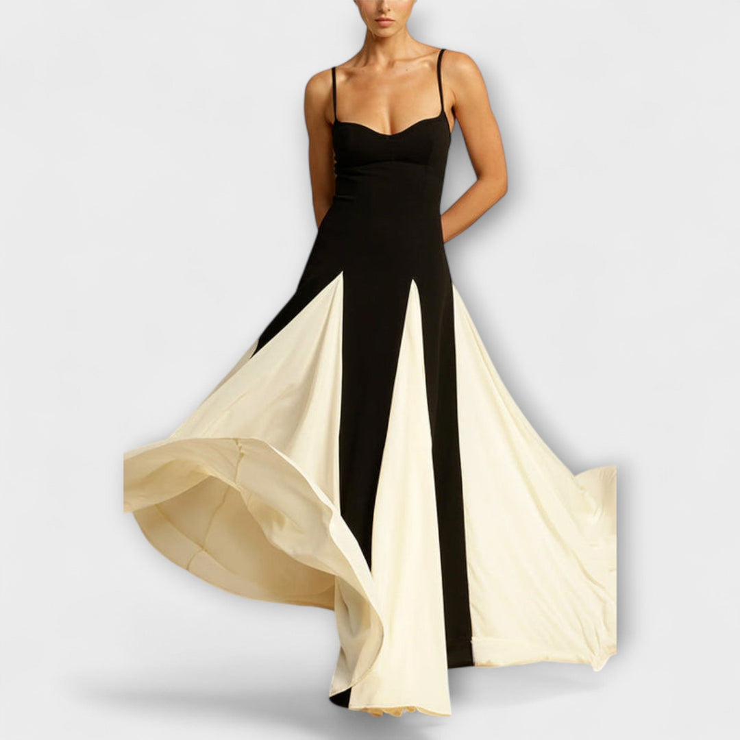 Ember - Vestido maxi A-line negro y crema con tul