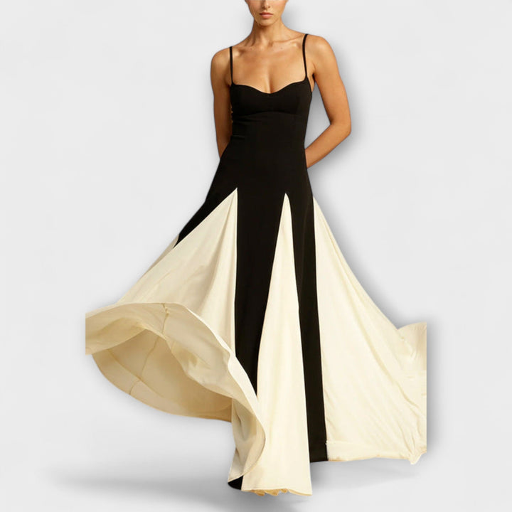 Ember - Vestido maxi A-line negro y crema con tul