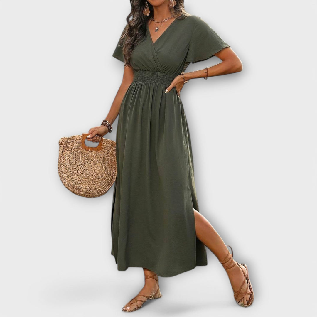Heather - Vestido boho verde oliva con abertura