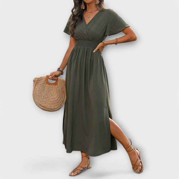 Heather - Vestido boho verde oliva con abertura