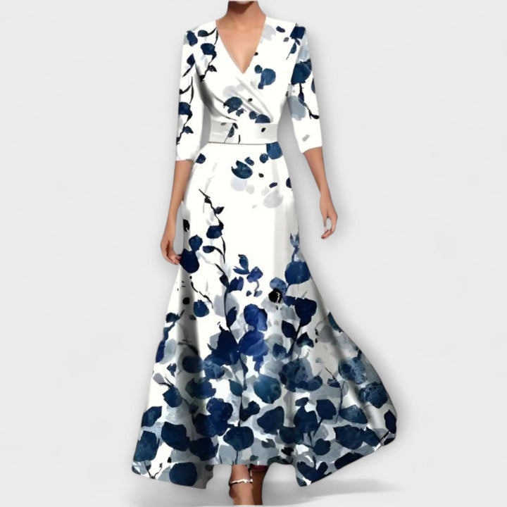 Alma - Vestido blanco y azul con estampado de flores