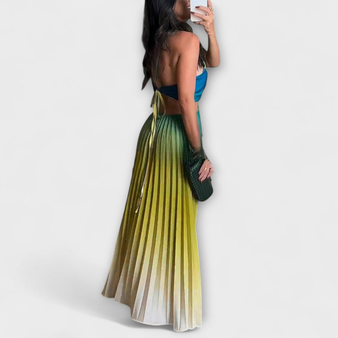 Haven - Vestido maxi plisado en verde y amarillo con degradado