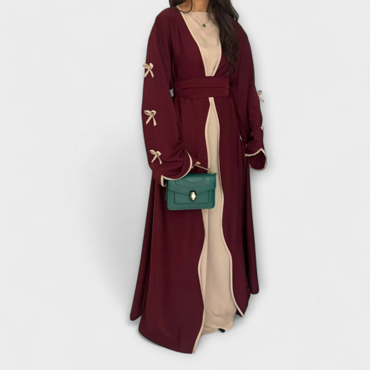 Jasmin - Dúo de cárdigan y vestido beige con lazo