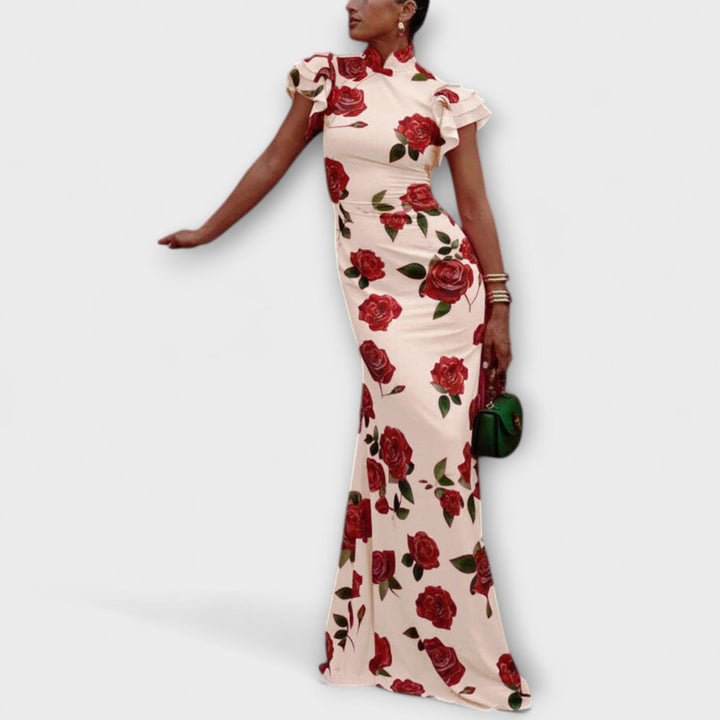 Luna - Vestido Maxí Rosa con Estampado de Rosas