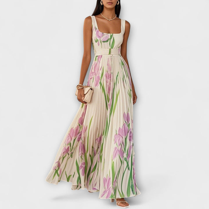 Vestido Maxí de Chifón Floral Plisado en Crema
