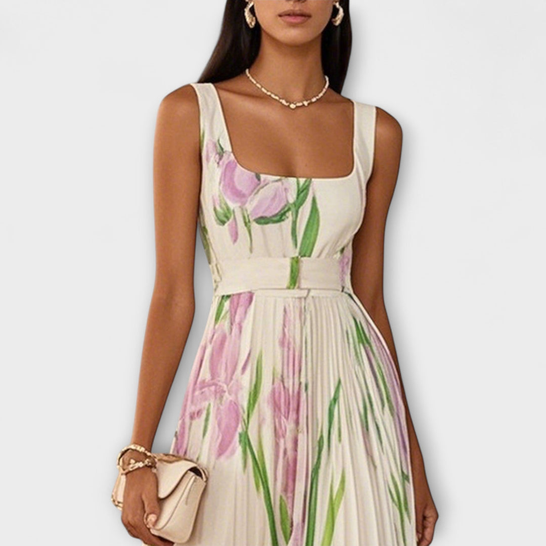 Vestido Maxí de Chifón Floral Plisado en Crema