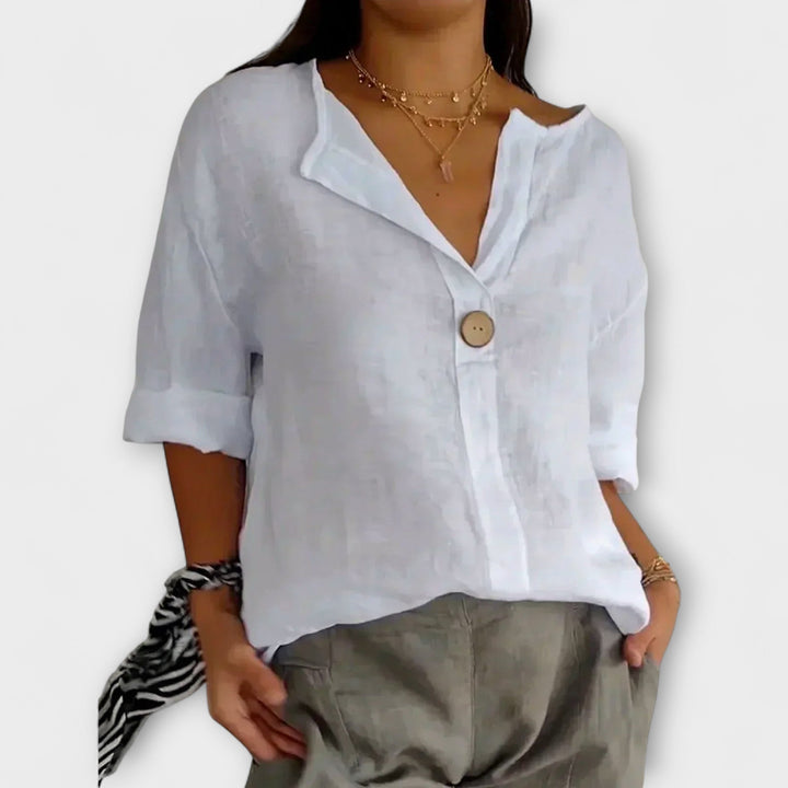 Nicole - Blusa de lino beige con escote en V