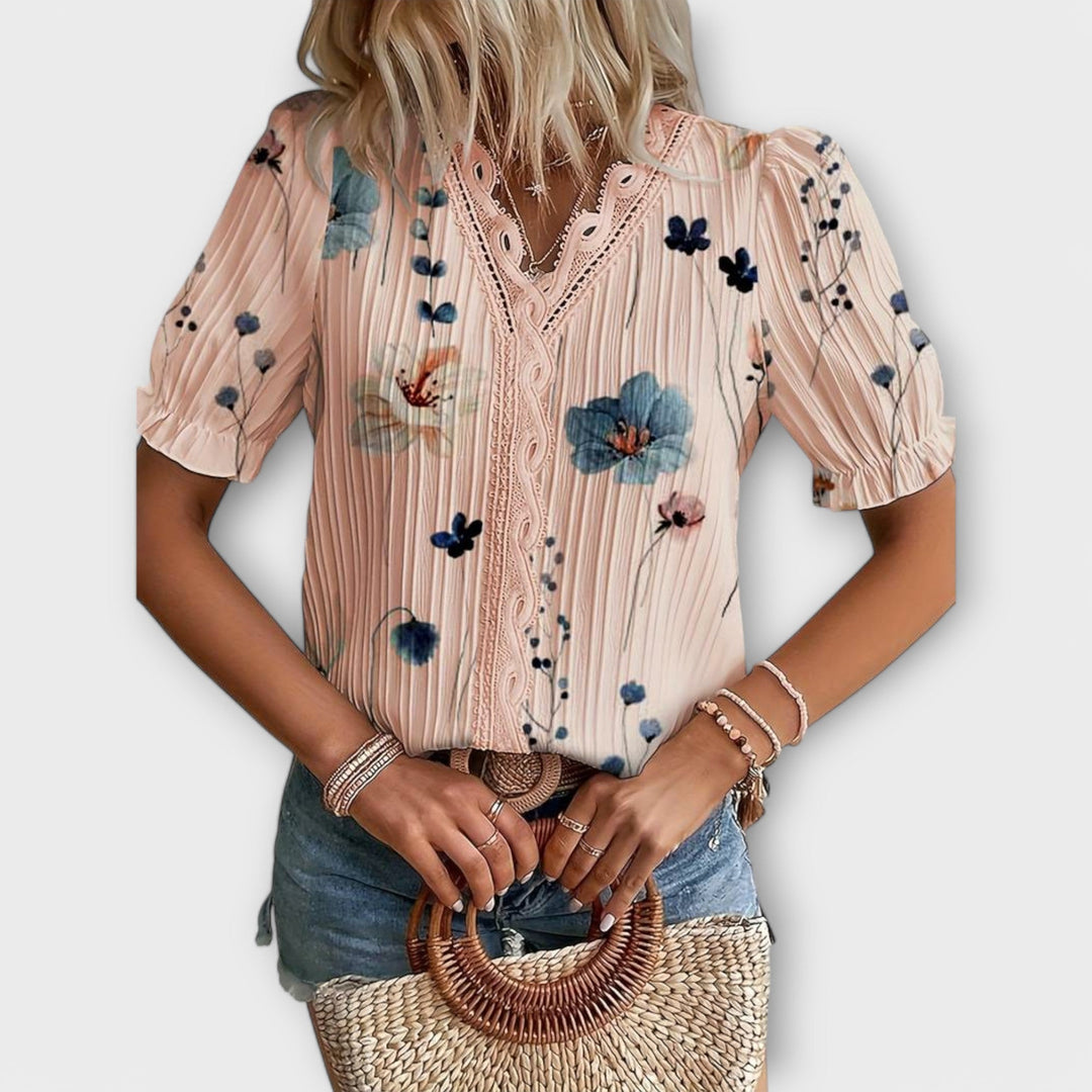 Emily - Blusa rosa con estampado floral y encaje