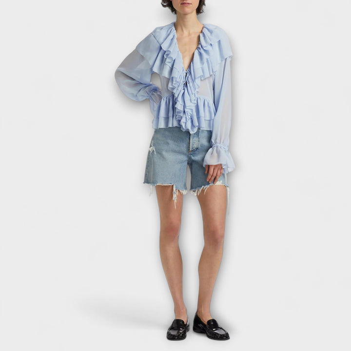 Martha - Camisa de volantes azul claro con rayas
