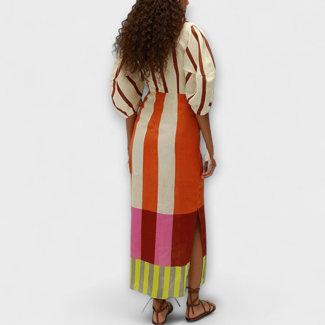 Kaya - Vestido maxí colorido con bloques y mangas abullonadas