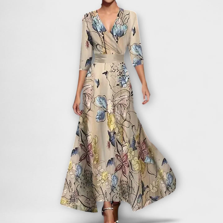 Alma - Vestido blanco y azul con estampado de flores