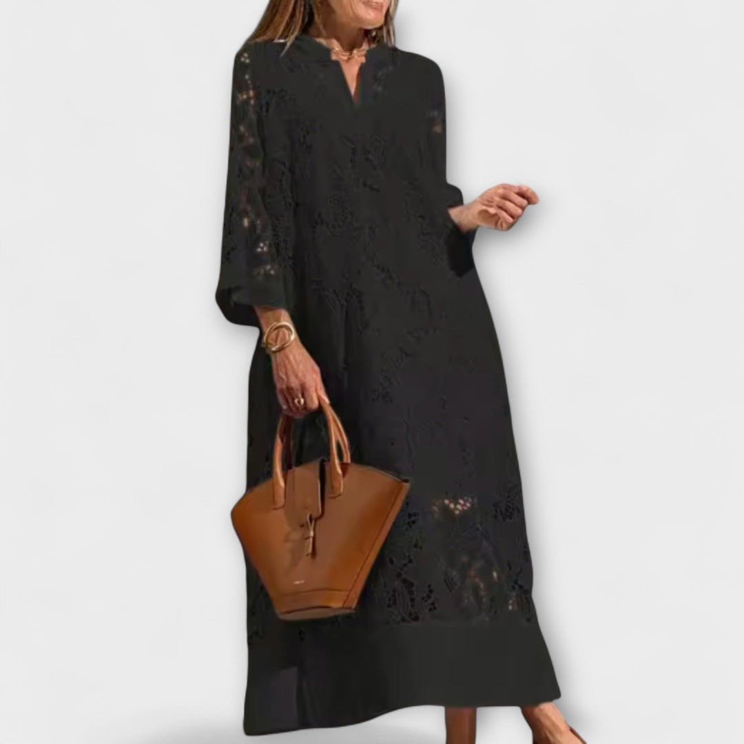 Valmere - Vestido maxi blanco con bordado y encaje