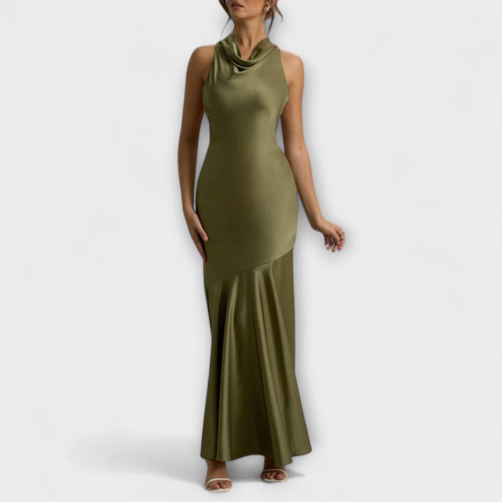 Lennon - Elegante vestido maxilargo de satén en verde oliva
