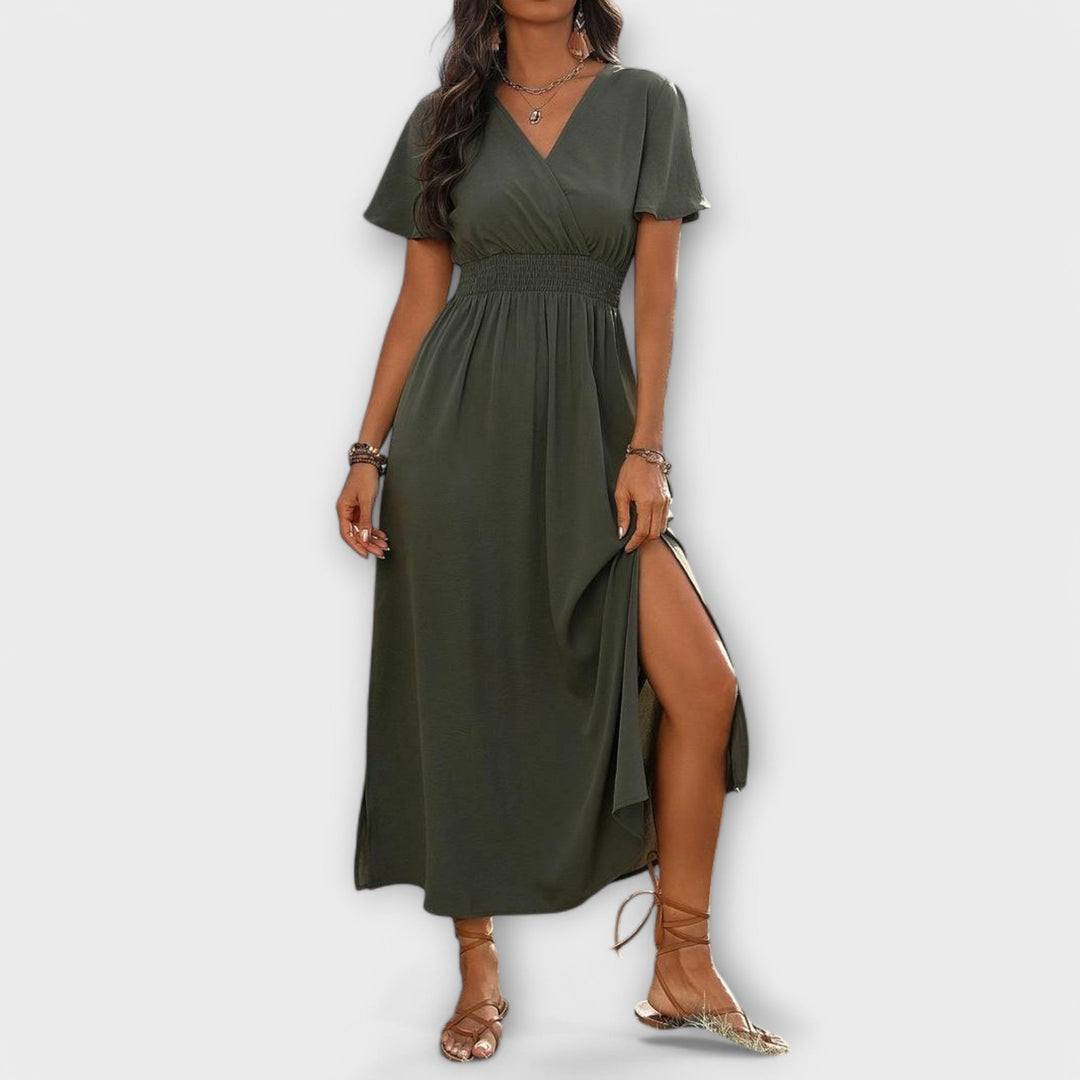 Heather - Vestido boho verde oliva con abertura
