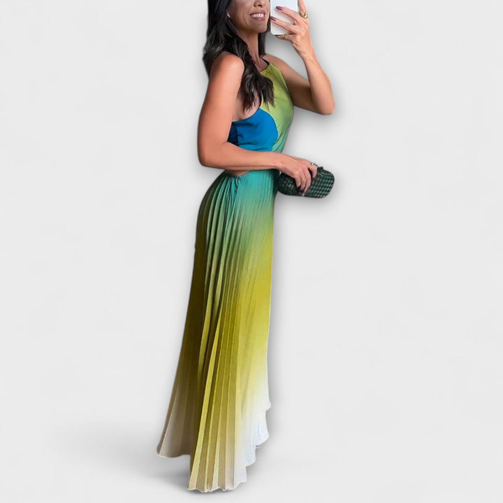 Haven - Vestido maxi plisado en verde y amarillo con degradado