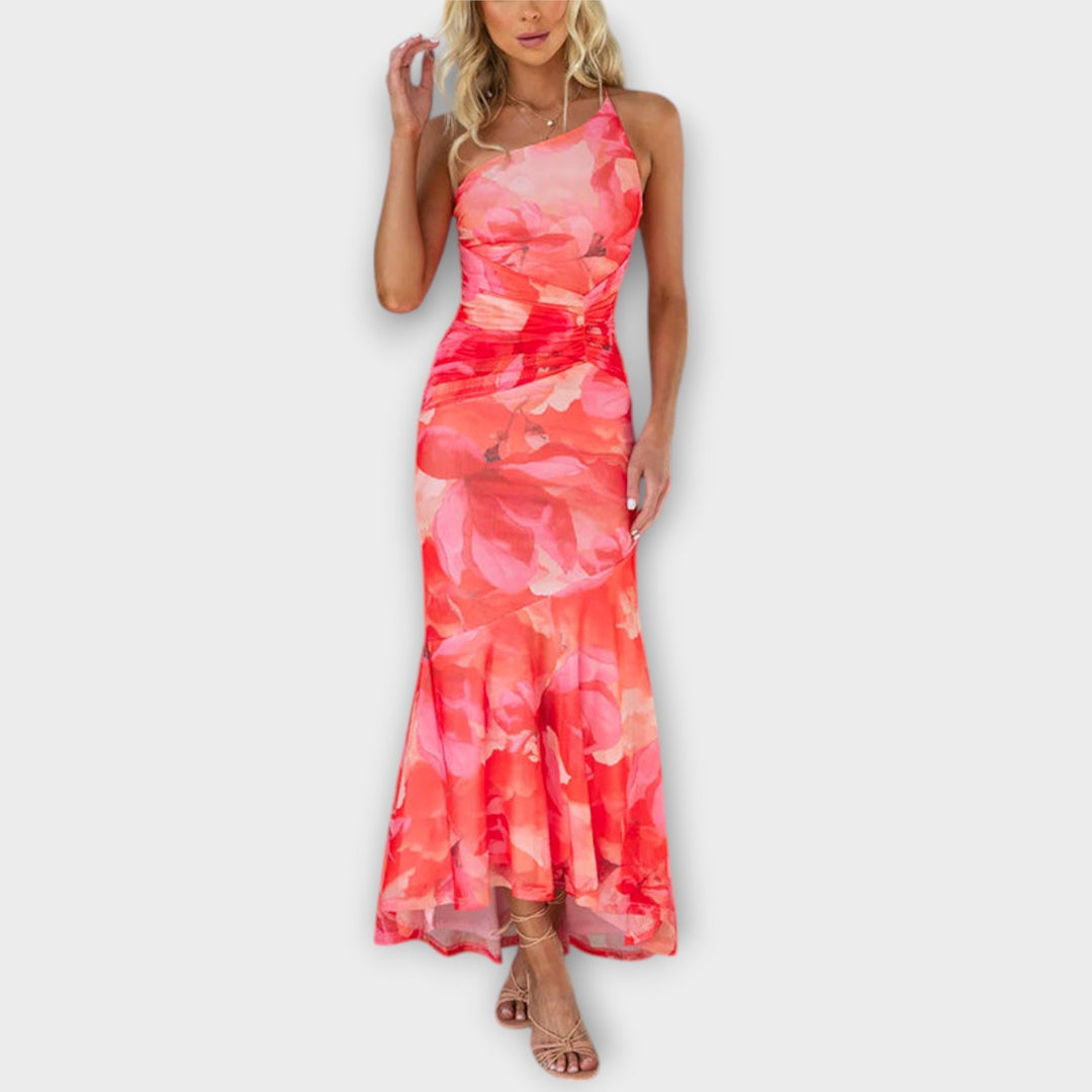 Pia - Vestido maxi lila con estampado floral y fruncido
