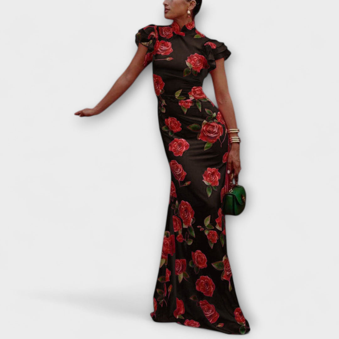 Luna - Vestido Maxí Rosa con Estampado de Rosas