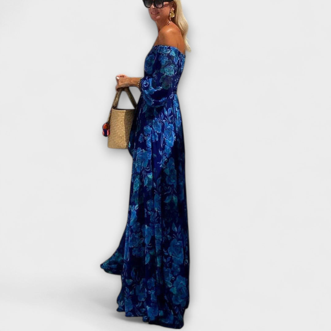 Juniper - Vestido Maxí Off-Shoulder Azul con Estampado Floral