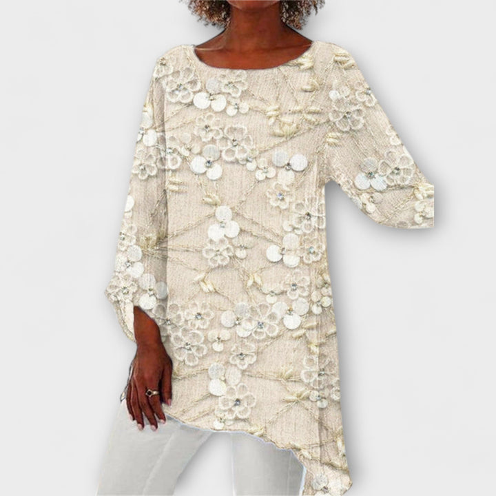 Harper - Blusa beige con estampado floral de cristal