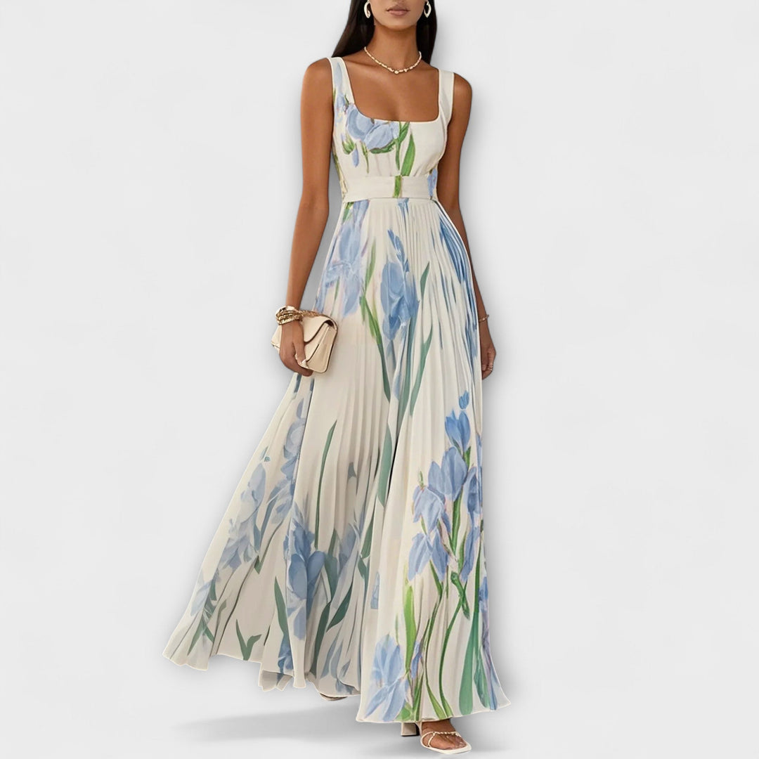 Vestido Maxí de Chifón Floral Plisado en Crema