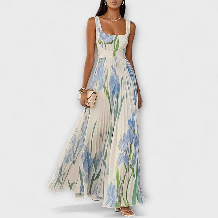 Vestido Maxí de Chifón Floral Plisado en Crema