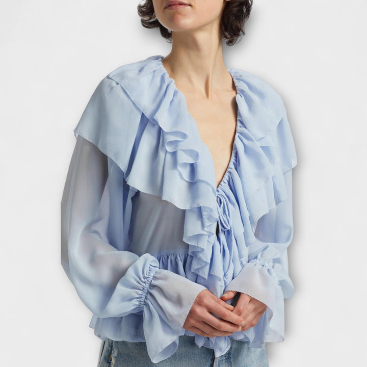 Martha - Camisa de volantes azul claro con rayas