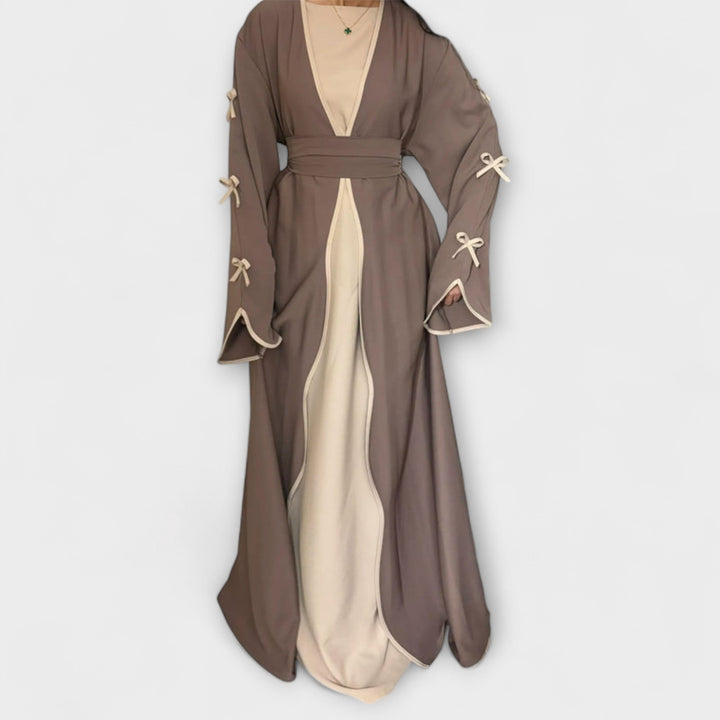 Jasmin - Dúo de cárdigan y vestido beige con lazo