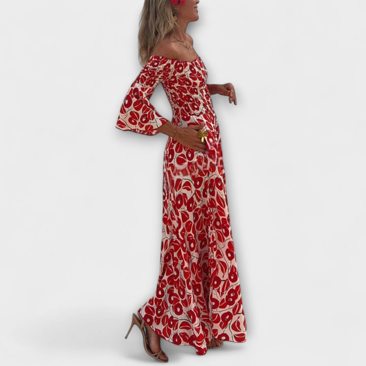 Sienna - Vestido largo rojo sin hombros con flores