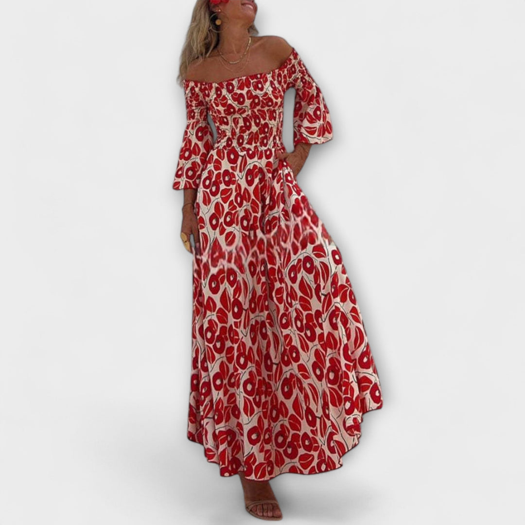 Sienna - Vestido largo rojo sin hombros con flores