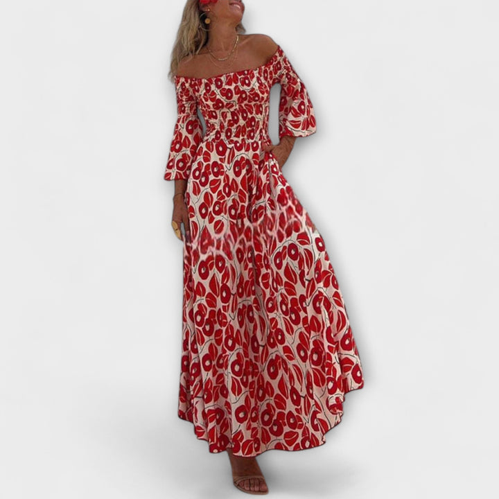 Sienna - Vestido largo rojo sin hombros con flores