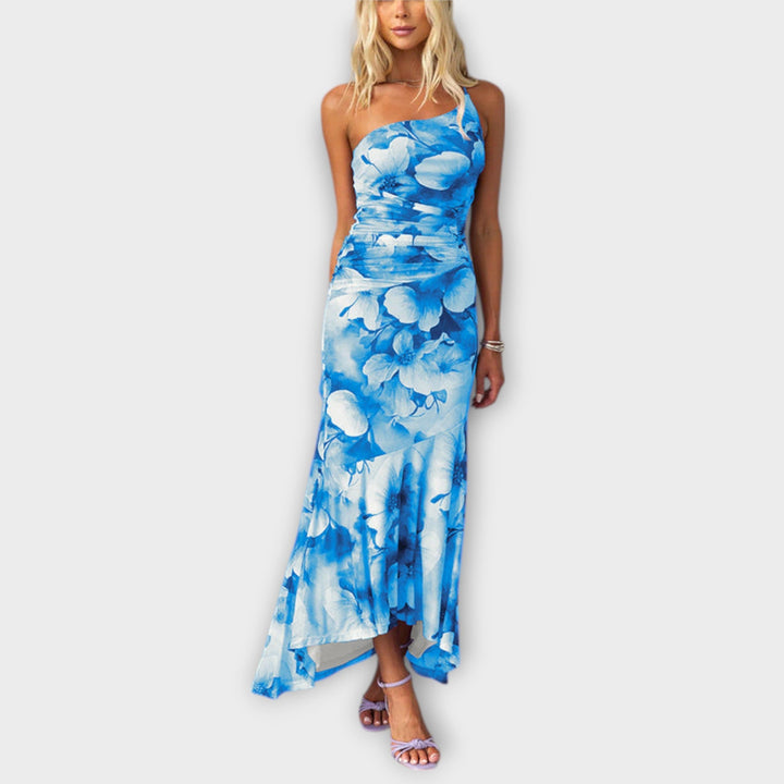 Pia - Vestido maxi lila con estampado floral y fruncido