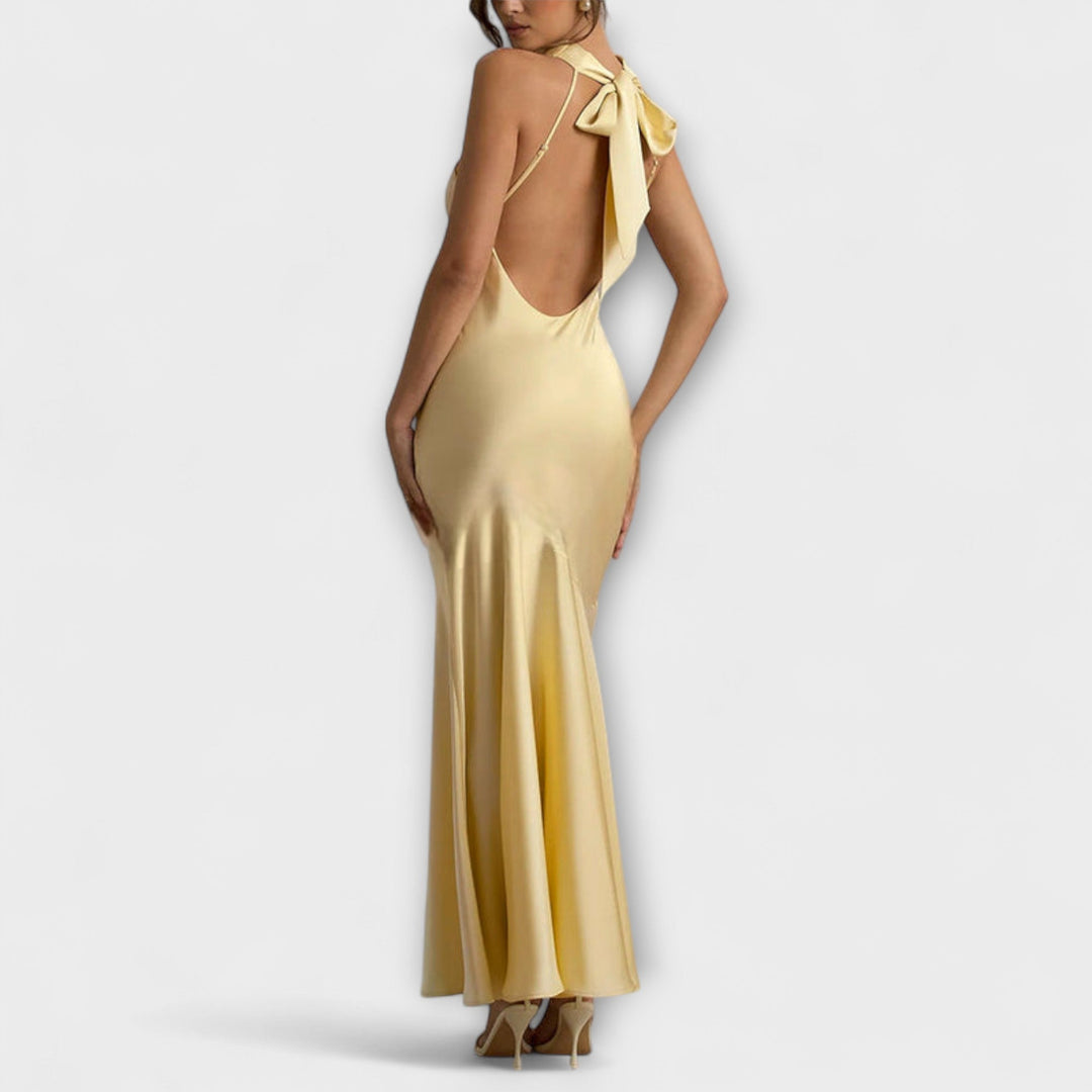 Lennon - Elegante vestido maxilargo de satén en verde oliva