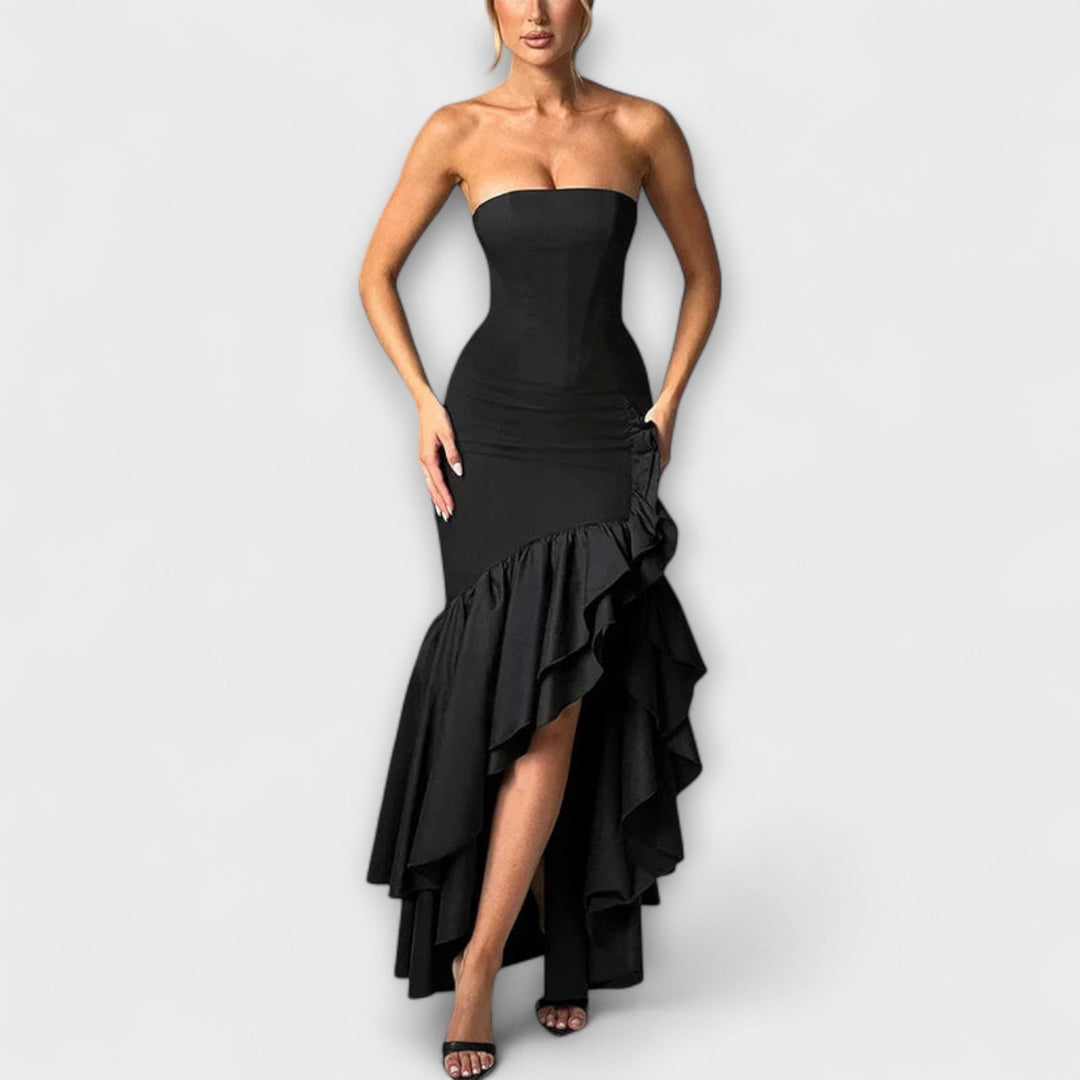 Zuri - Vestido maxí rosa off-shoulder con volantes