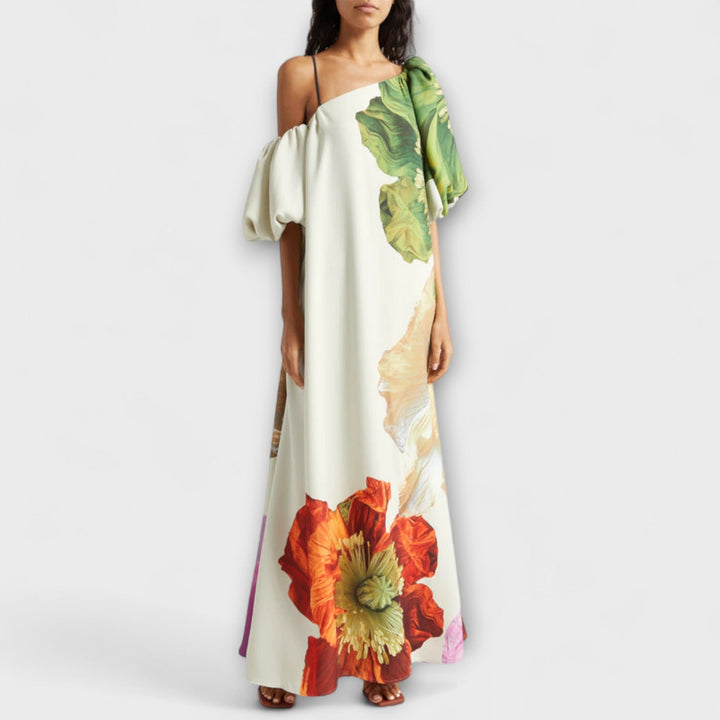 Melodía - Vestido Maxí Blanco Off-Shoulder con Motivo Floral