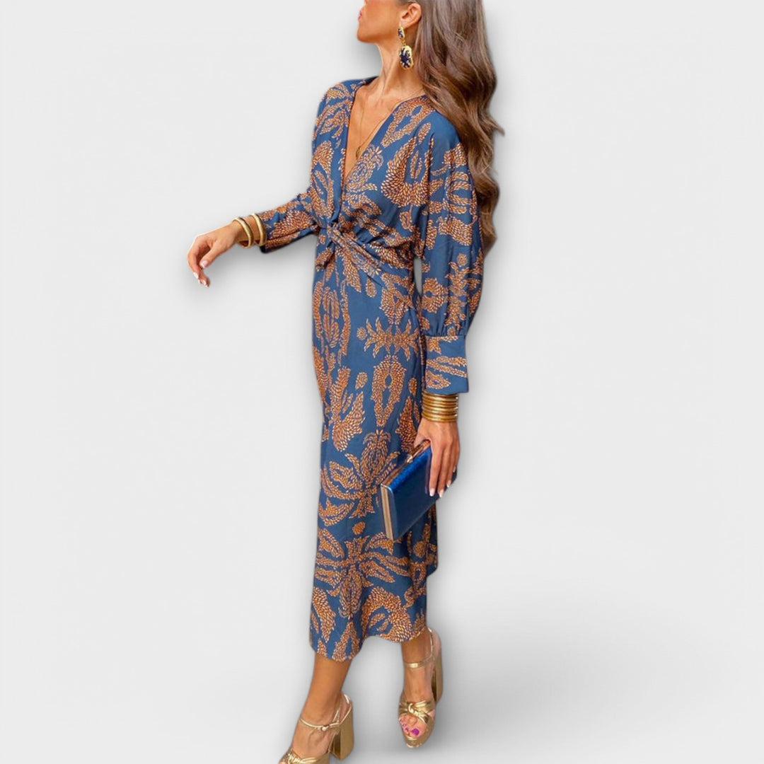 Oriana - Vestido azul con estampado dorado