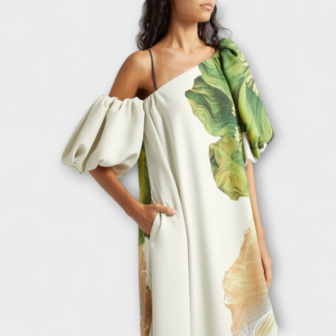 Melodía - Vestido Maxí Blanco Off-Shoulder con Motivo Floral