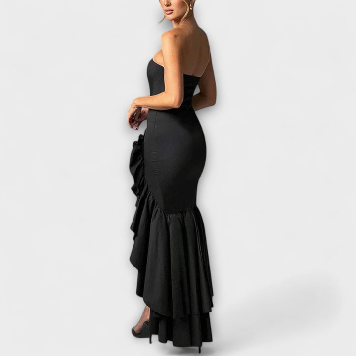 Zuri - Vestido maxí rosa off-shoulder con volantes