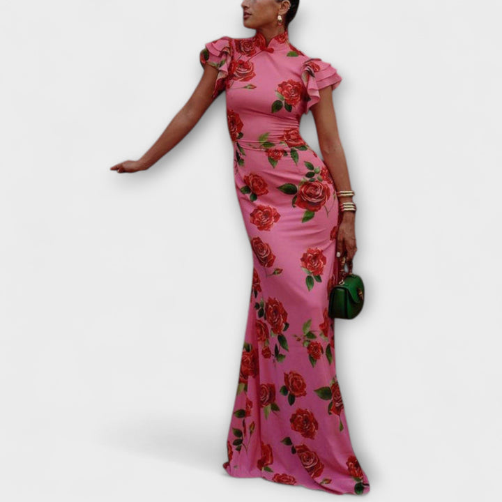 Luna - Vestido Maxí Rosa con Estampado de Rosas