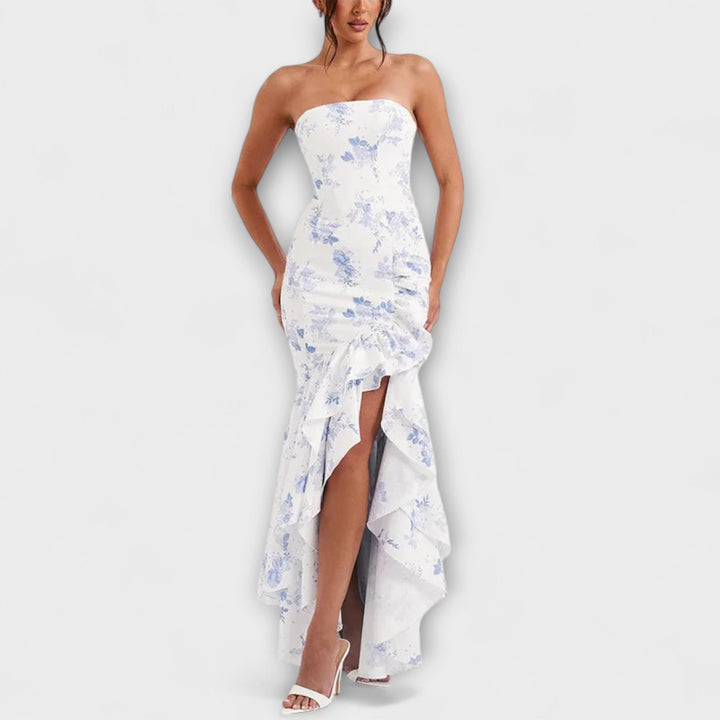 Zuri - Vestido maxí rosa off-shoulder con volantes