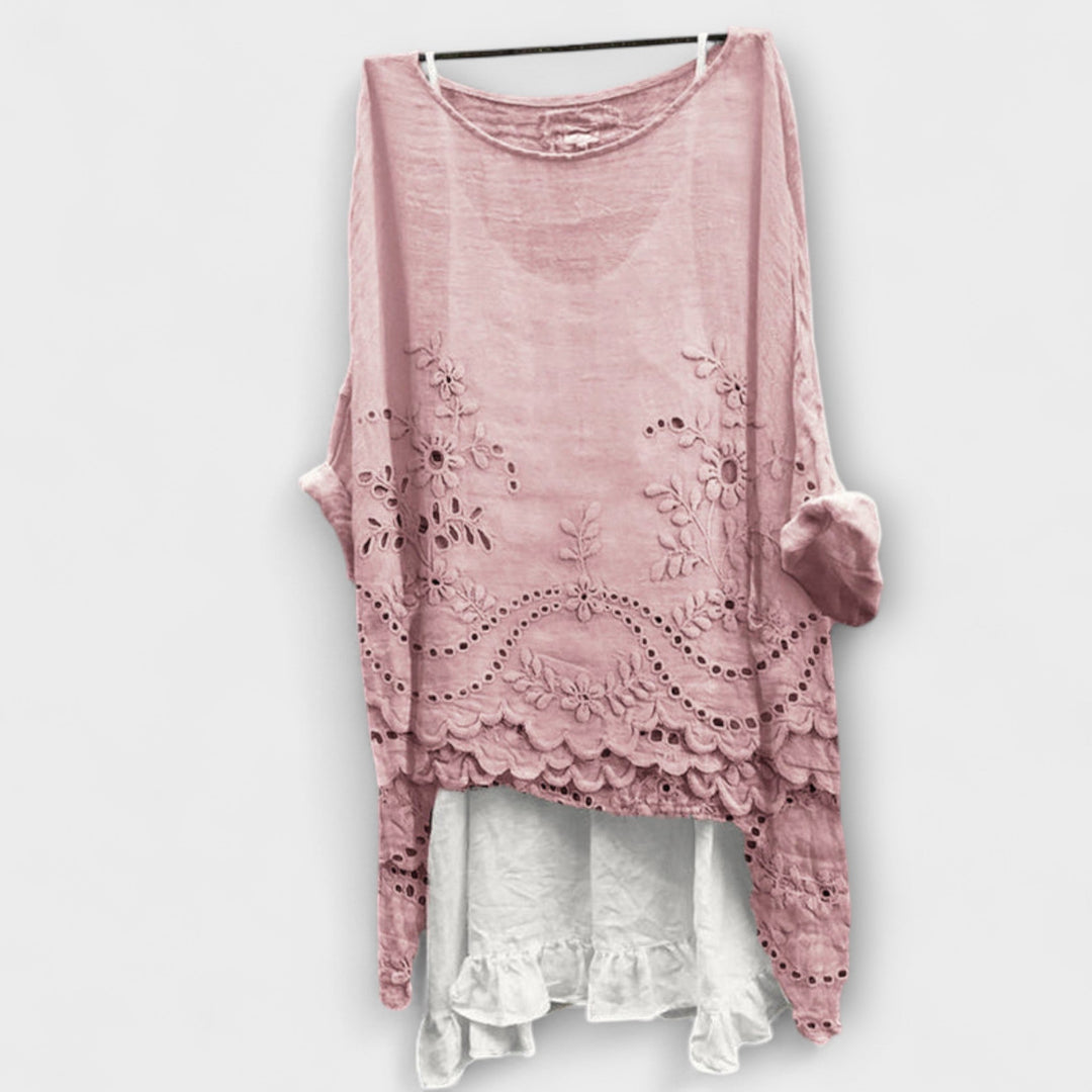 Ella - Blusa blanca con dobladillo de encaje de dos capas