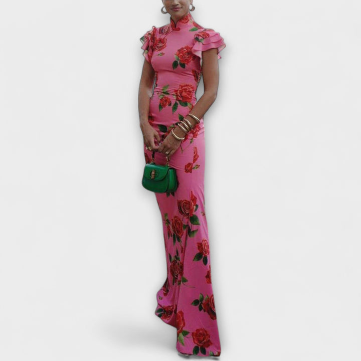 Luna - Vestido Maxí Rosa con Estampado de Rosas
