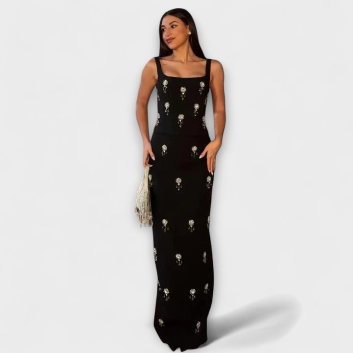 Avalon - Conjunto de perlas negras con blusa y falda